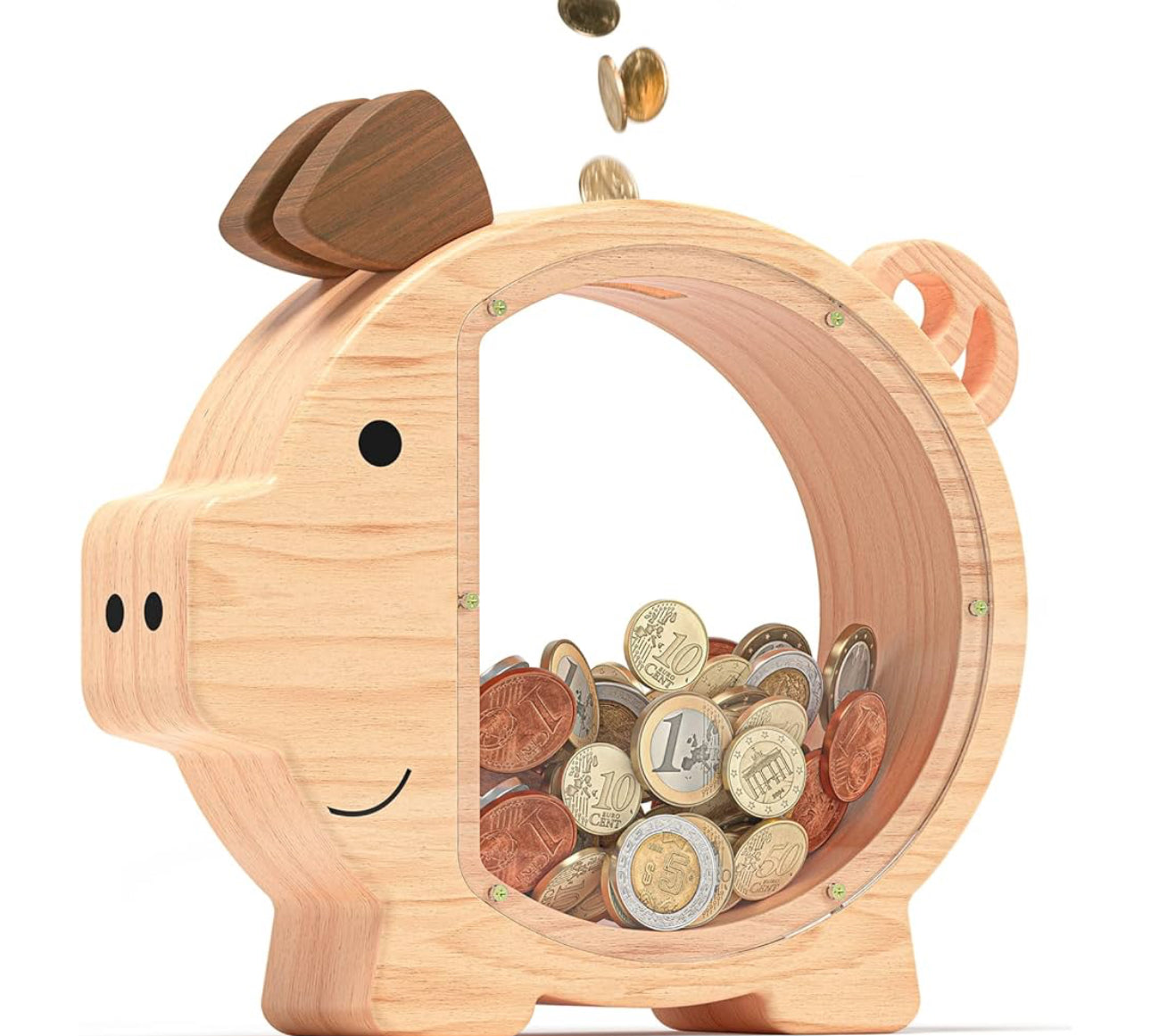 Monesave Wooden Money Bank & Piggy Bank for Kids, Cute Pig Money Box for Boys and Girls, Transparent Piggy Bank