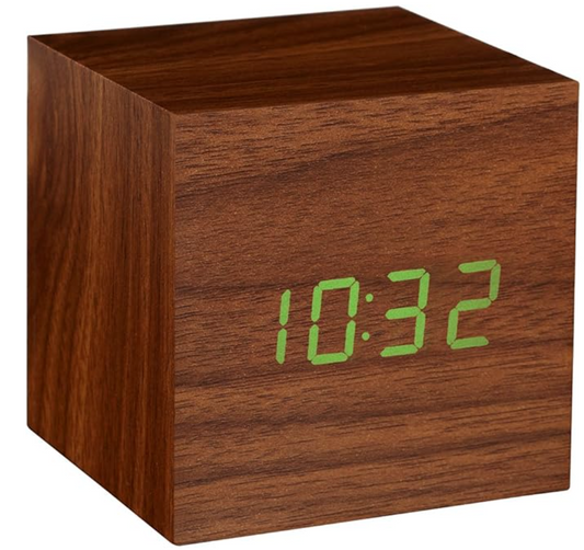 Wooden Cube Alarm Clock with Digital LED and Temparature Display - With Free Monesave App