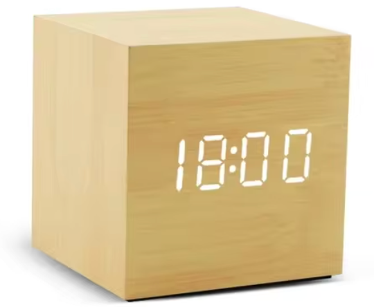 Wooden Cube Alarm Clock with Digital LED and Temparature Display - With Free Monesave App