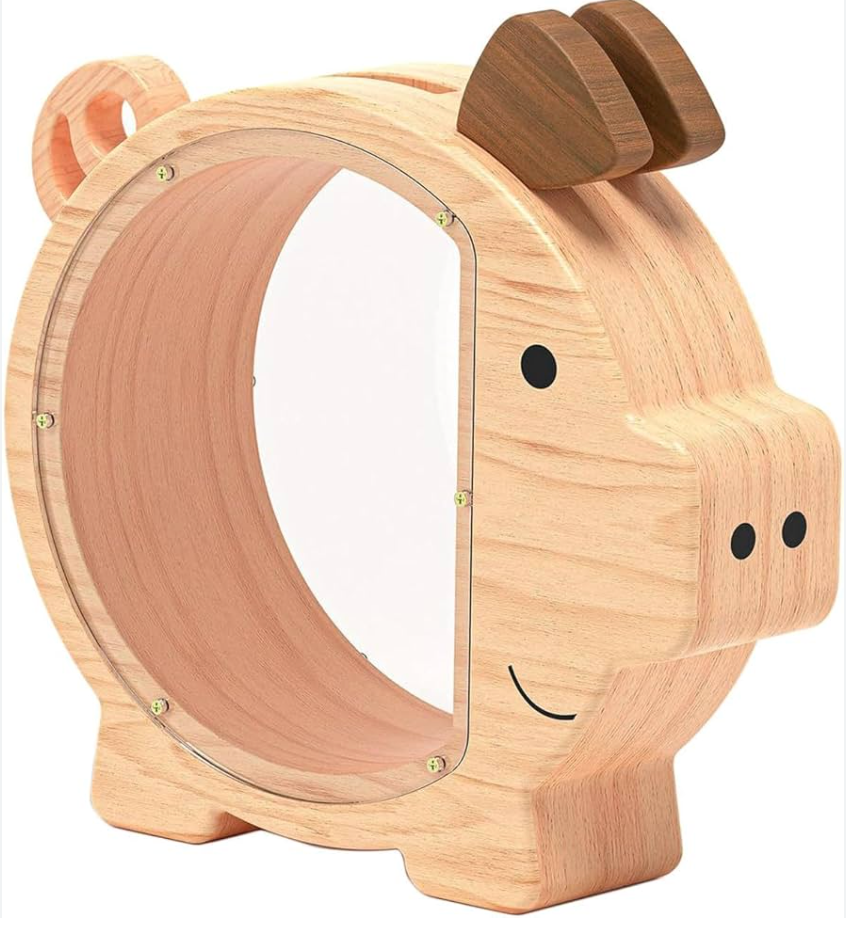 Monesave Wooden Money Bank & Piggy Bank for Kids, Cute Pig Money Box for Boys and Girls, Transparent Piggy Bank